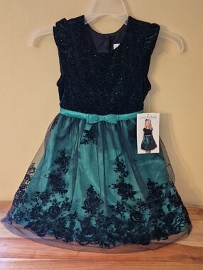NEW Jona Michelle Girls' Sparkle Green  and Black Floral Party Dress